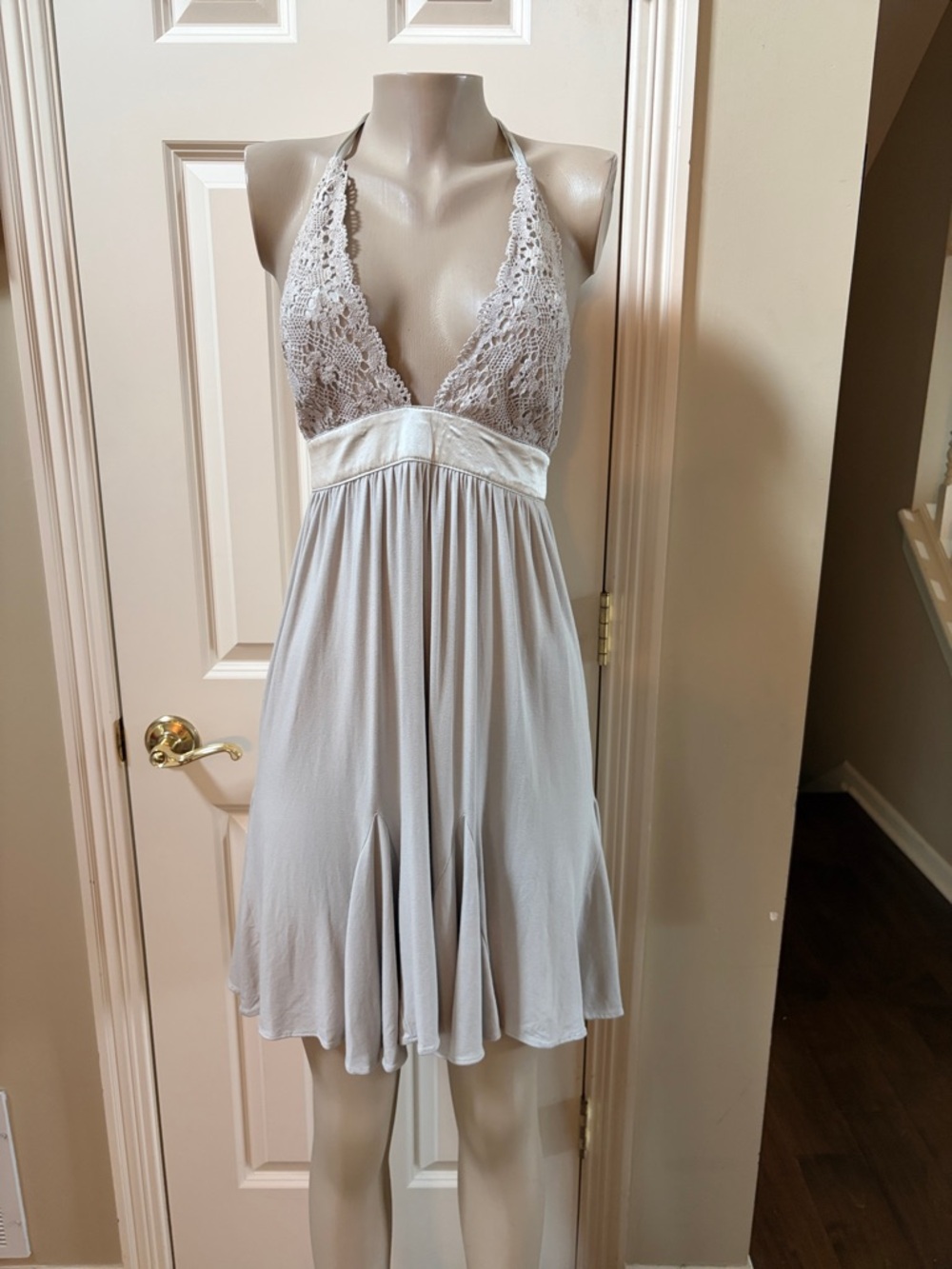 Ingwa Melero Backless Crochett Lace Halter Dress in Light Gray, XS